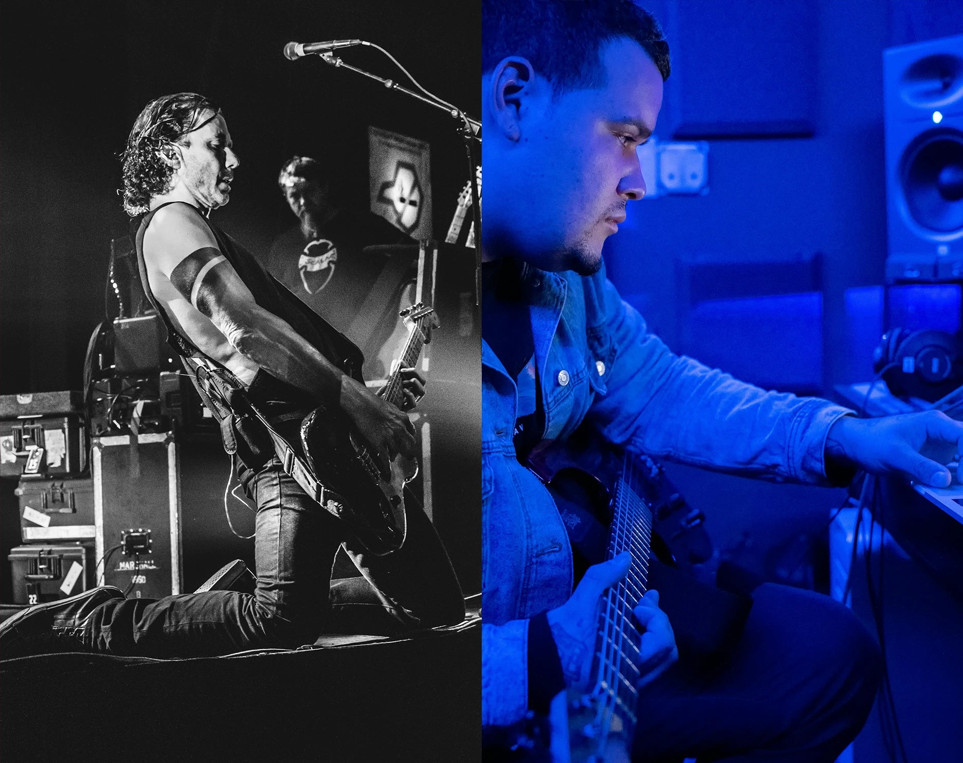 Split image of rock and roll musician playing Stratocaster in black and white and image of man in recording studio in blue lighting.
