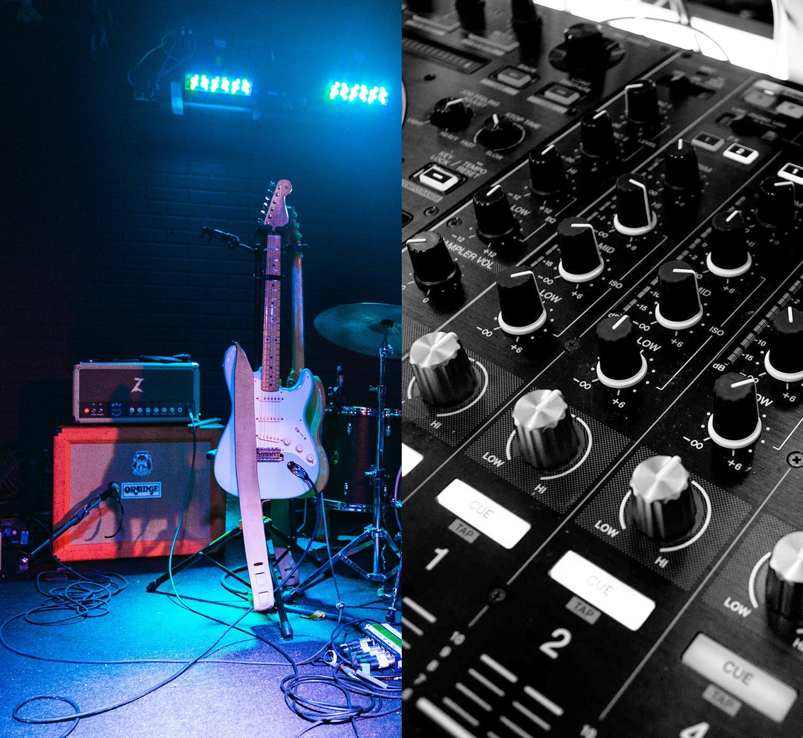 A split image of a Stratocaster on stage in blue lighting and an image of a sound mixer in black and white.