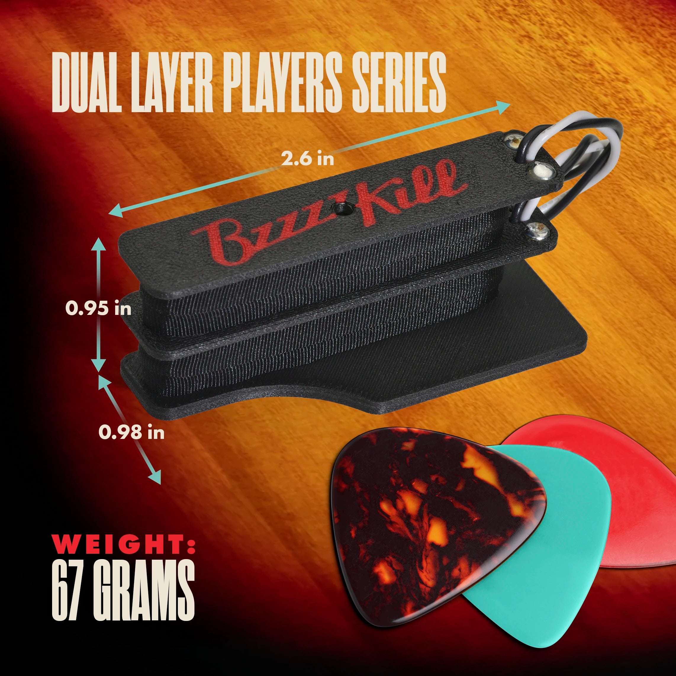 Dual Layer Players Series BzzzzKill dimensions and weight, on sunburst guitar  with guitar picks for size reference.
