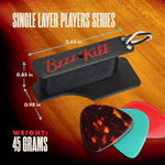 Single Layer Players Series BzzzzKill dimensions and weight, on sunburst guitar  with guitar picks for size reference.