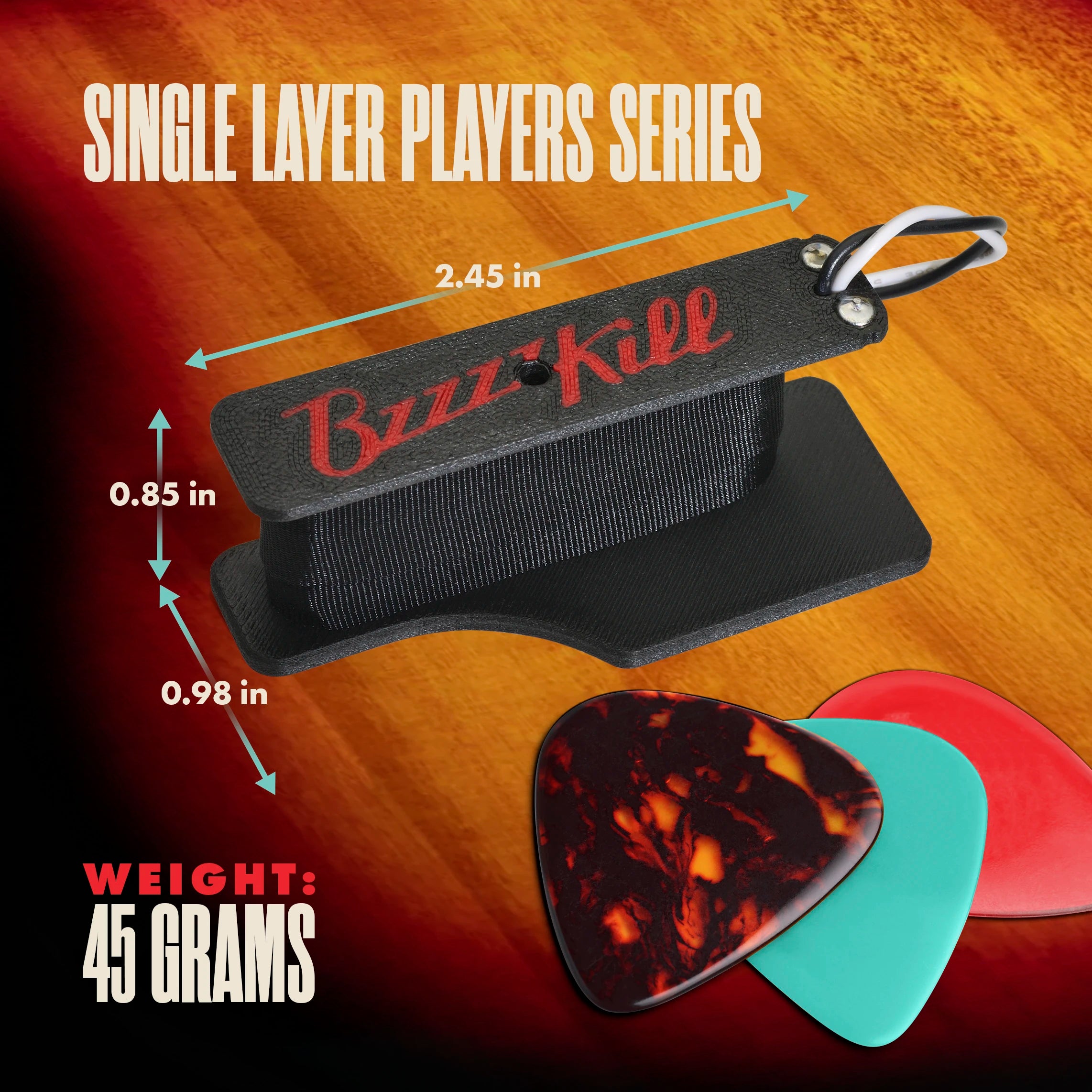 Single Layer Players Series BzzzzKill dimensions and weight, on sunburst guitar  with guitar picks for size reference.