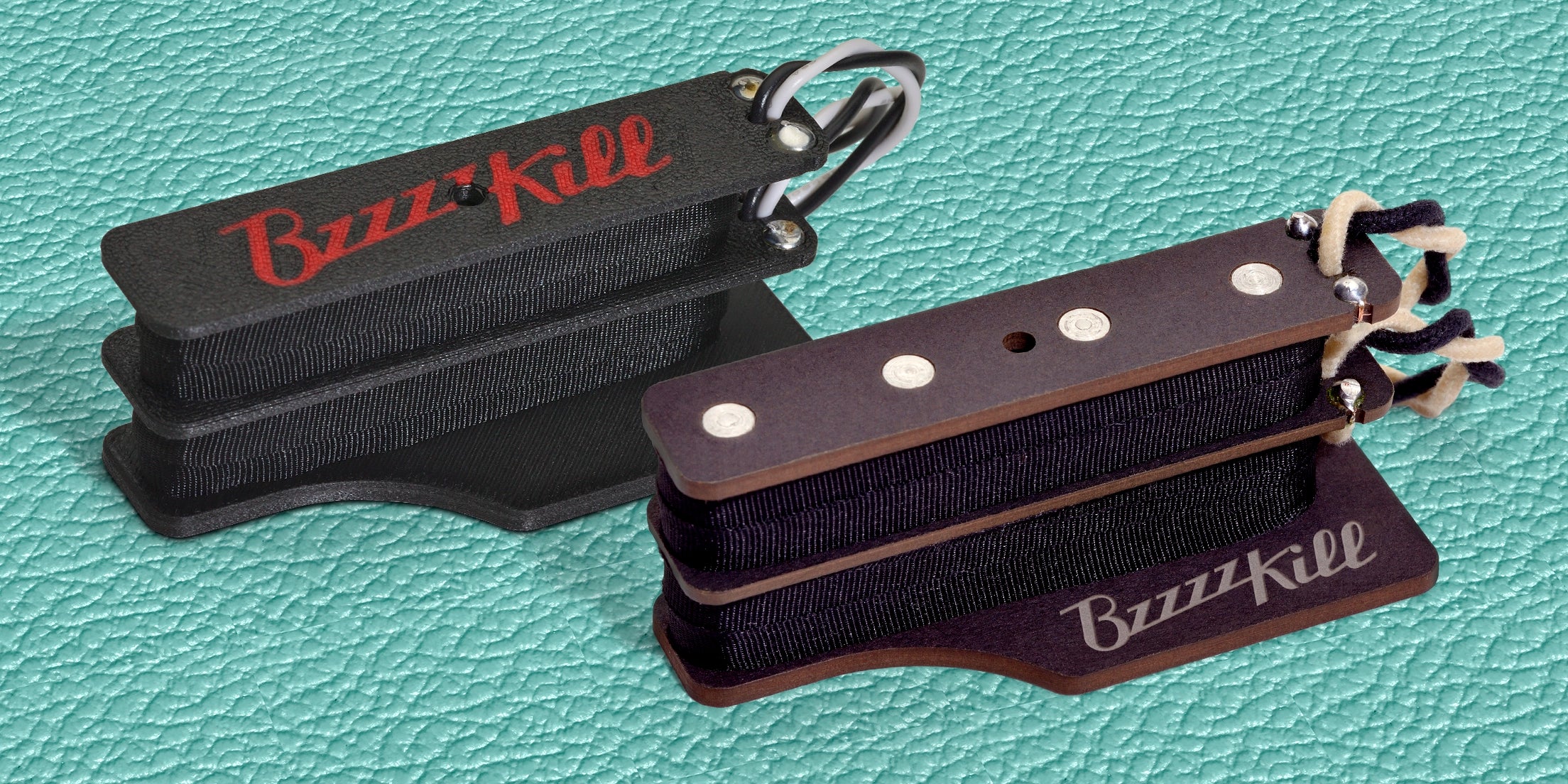 The BzzzzKill Dual Layer Custom and Players Series devices on teal tolex background.