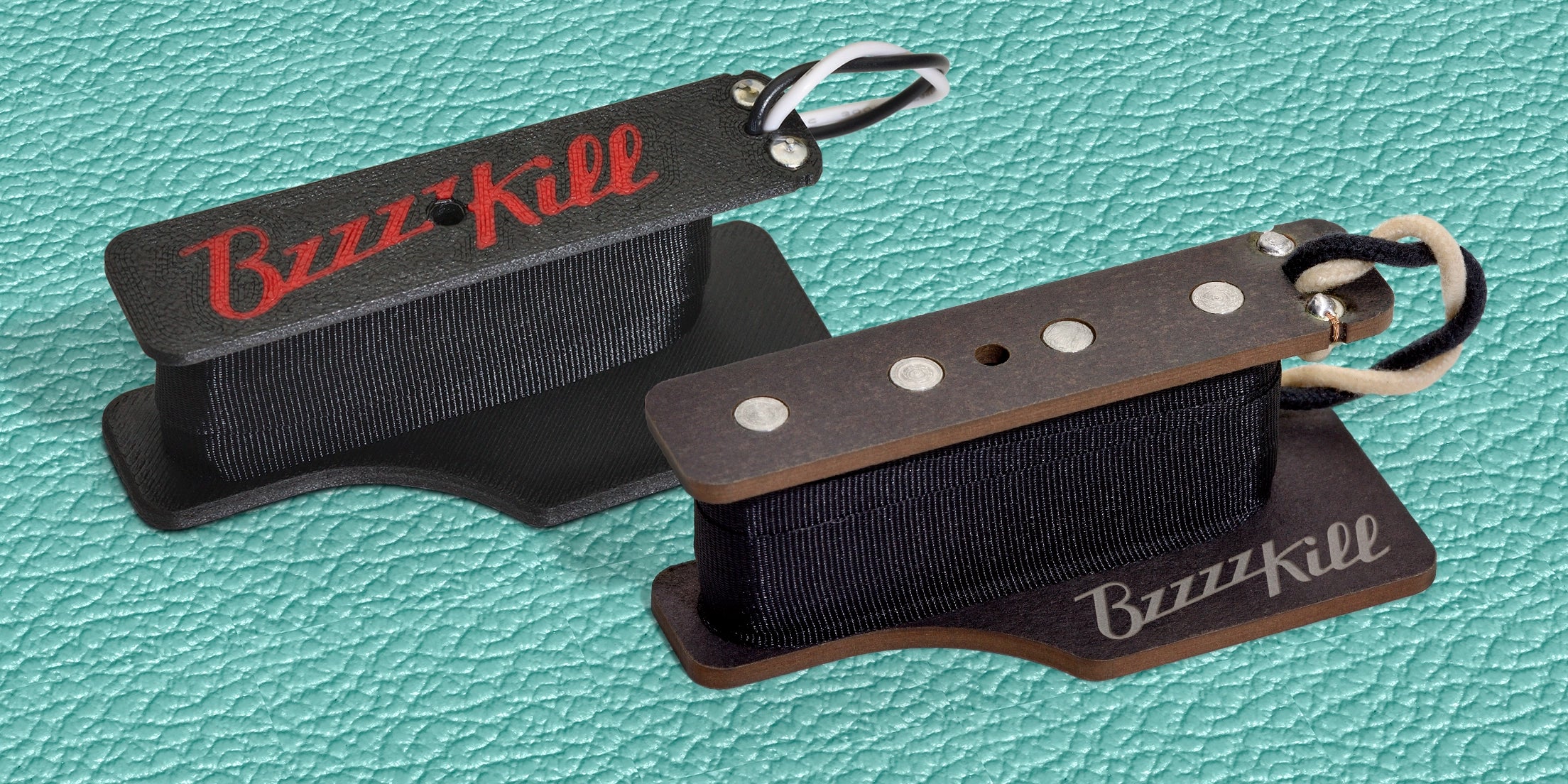 The BzzzzKill Single Layer Custom and Players Series devices on teal tolex background.