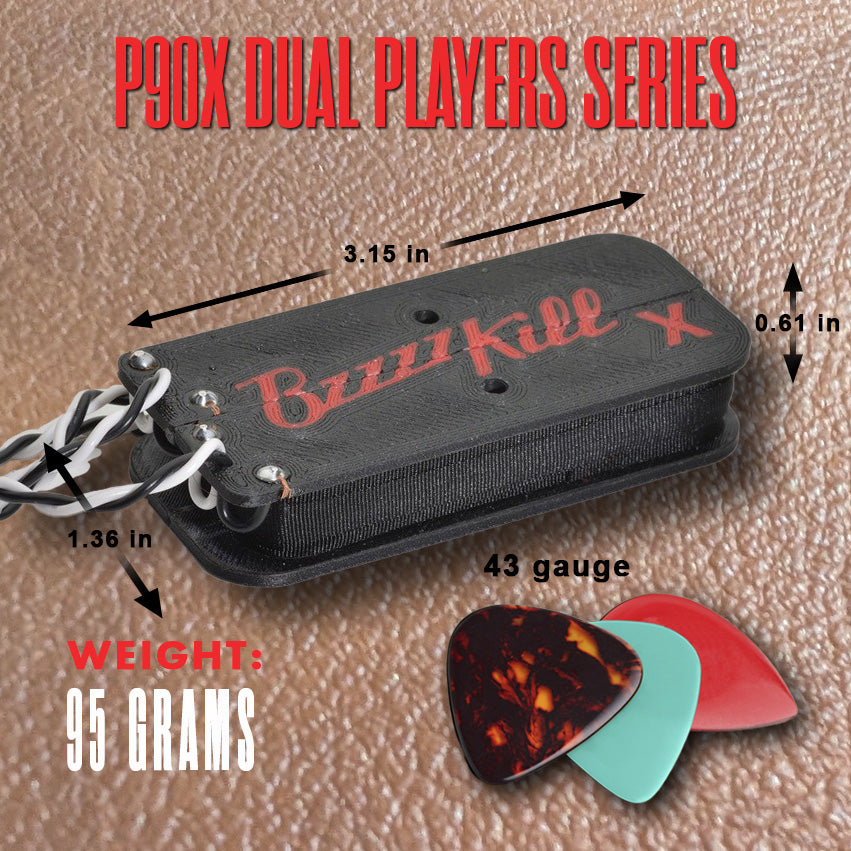 Photo showing specs of the BzzzzKill P90X Dual Players series product. 